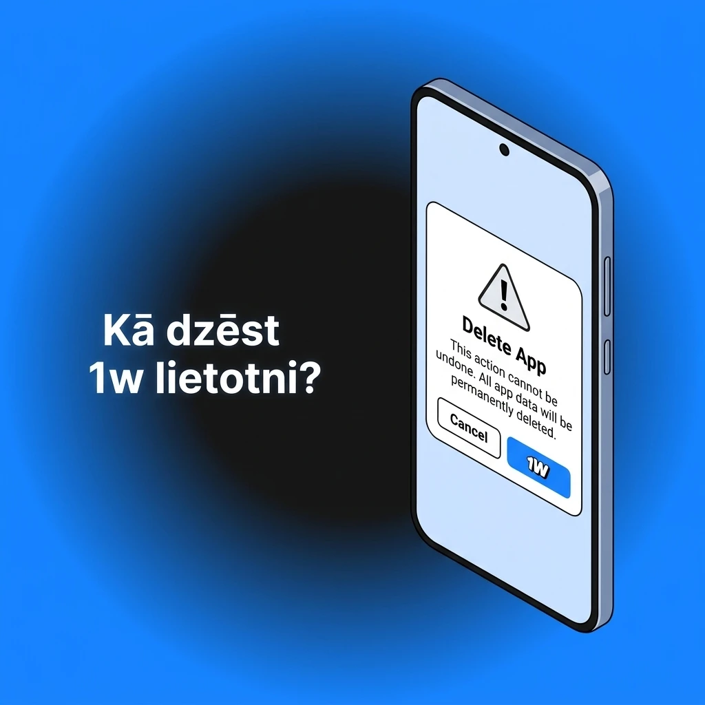 1w lietotnes dzēšana Android un iOS ierīcēs, atinstalēšanas process sākuma ekrānā