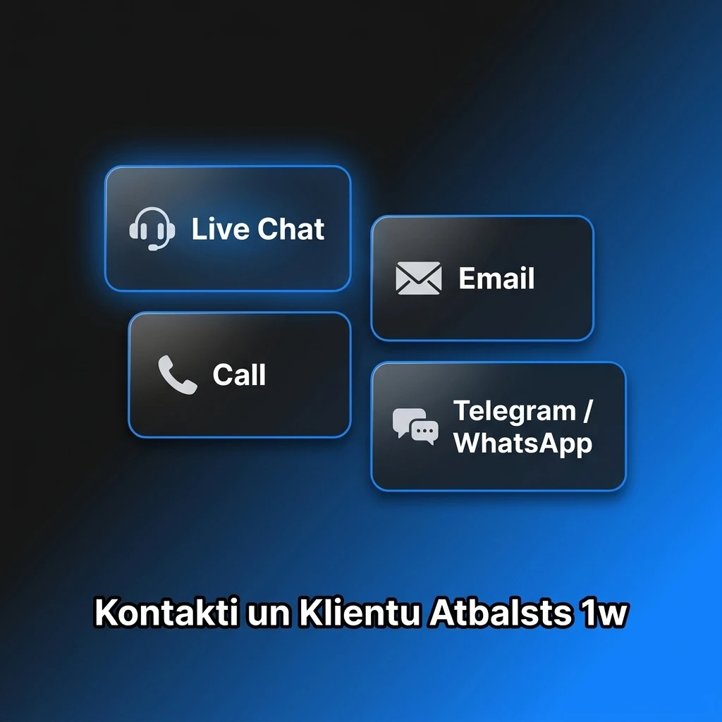 1w klientu atbalsts Latvijai — tiešsaistes čats 24/7 un e-pasts kontiem, maksājumiem, likmēm